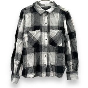 Sanctuary Leading Lady Black & White Plaid‎ Long Sleeve Button Down Shirt Sz XL